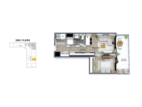 Floor plan for 1 bed, 1 bath, 622 sqft